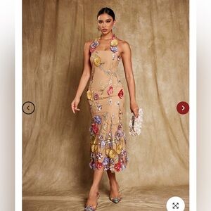 Strapless Floral Embroidered Dress in Tan